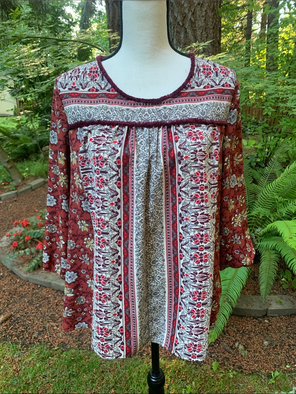 W5 Boho Floral Peasant Top in Burgundy and Cream
